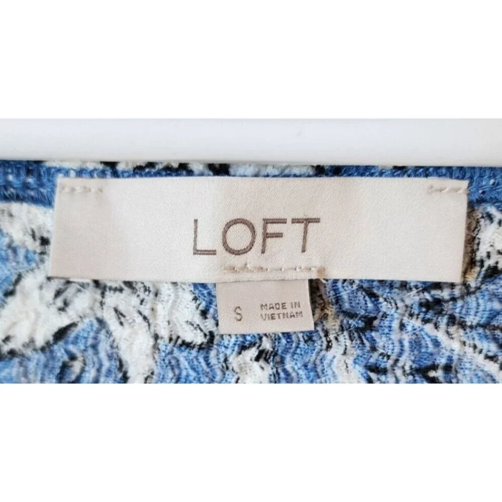 LOFT Women's Square Neck Long Puff Sleeve‎ Blouse Top Blue/White Floral Size S